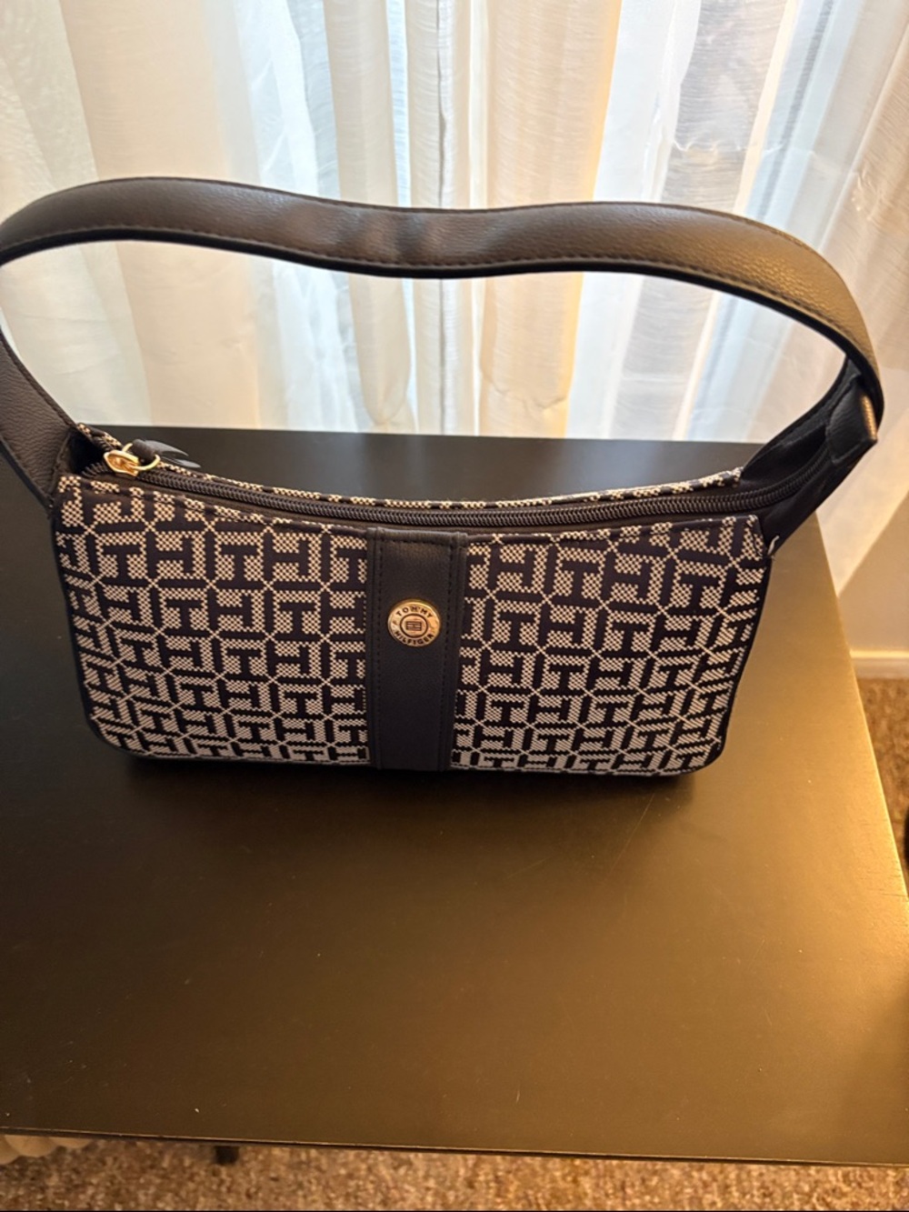 Woven Pattern Navy and White Shoulder Bag